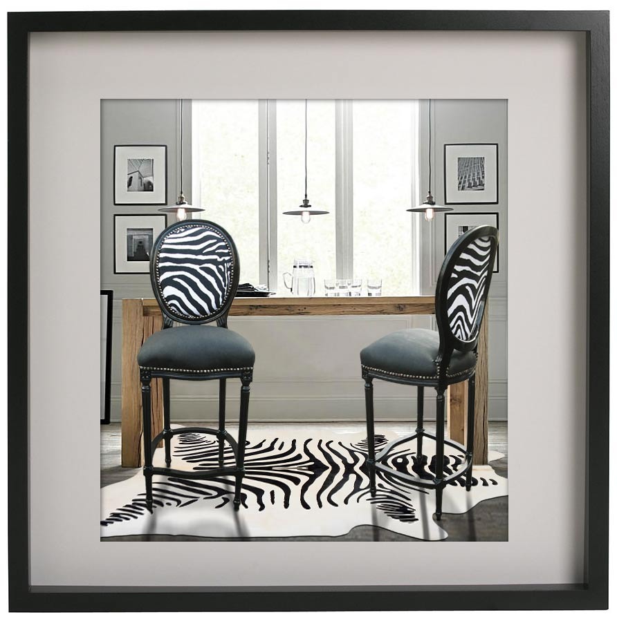 Louis style XVI bar chair black faux leather, zebra folder and black wood and carpet in true print cowhide zebra Royal Art Palace